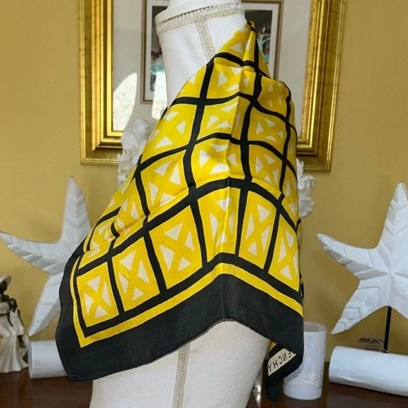 Vtg Givenchy Authentic 100% Silk Bright Yellow & Black Square Print Scarf